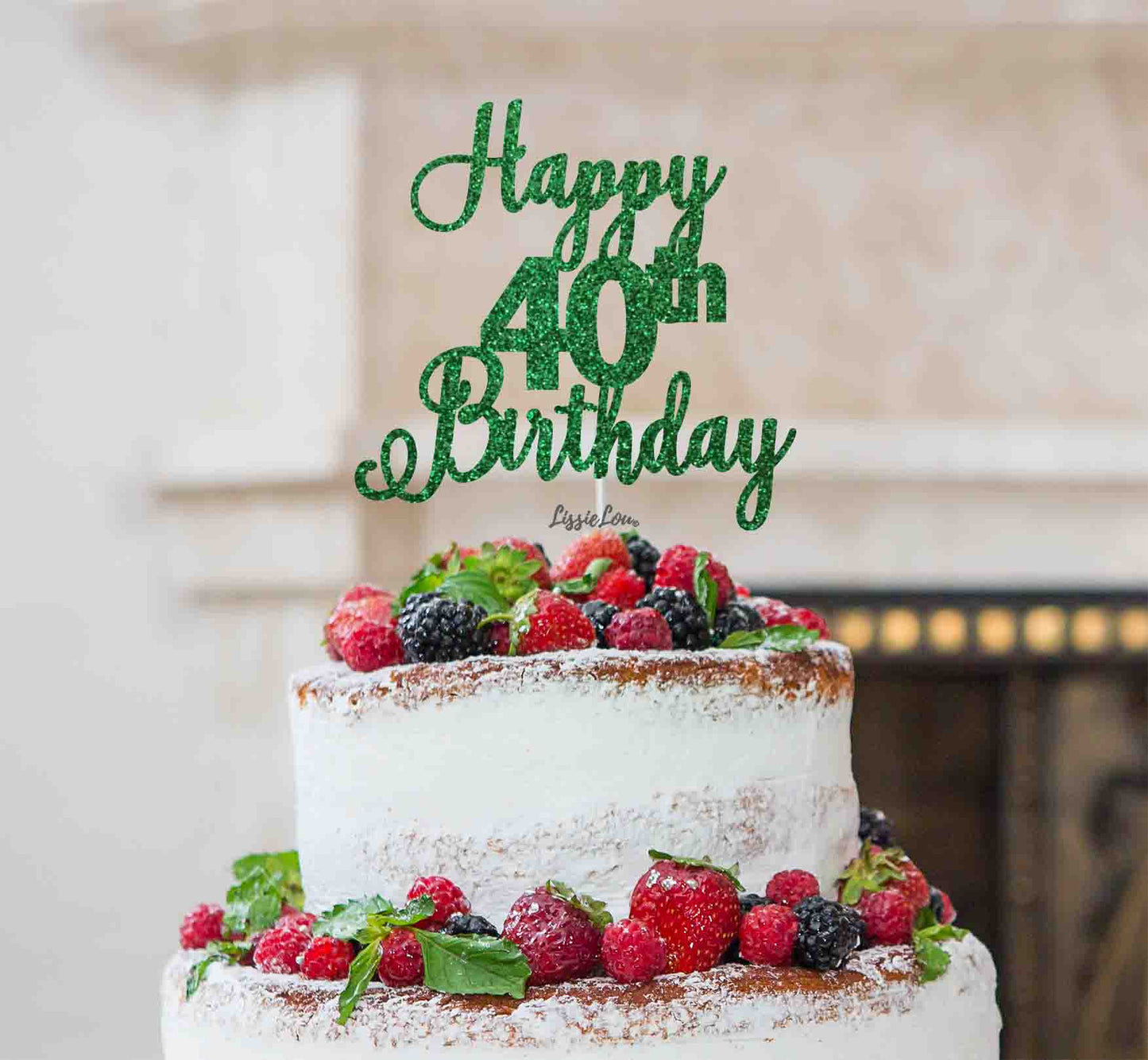 Happy 40th Birthday Pretty Cake Topper Glitter Card Green