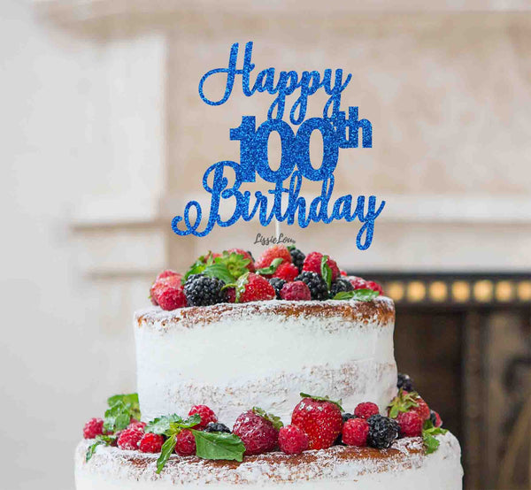 Happy 100th Birthday Pretty Cake Topper Glitter Card Dark Blue