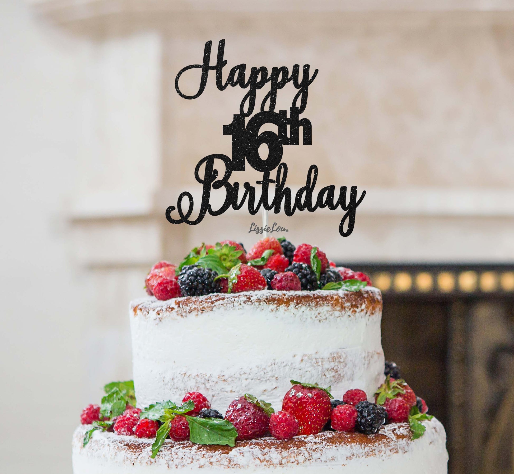 Happy 16th Birthday Pretty Cake Topper Glitter Card Black