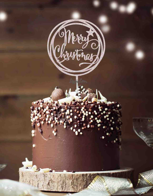 Merry Christmas Circle Cake Topper Glitter Card White